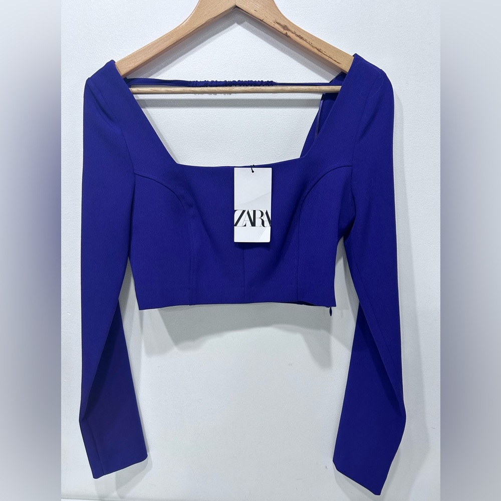 Zara‎ Women's Purple Long Sleeve Top Square Neck Crop Top Size S NWT
